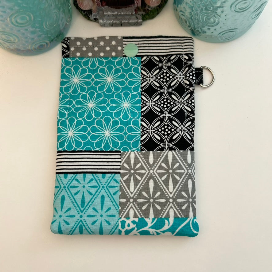 Teal and black block print card case
