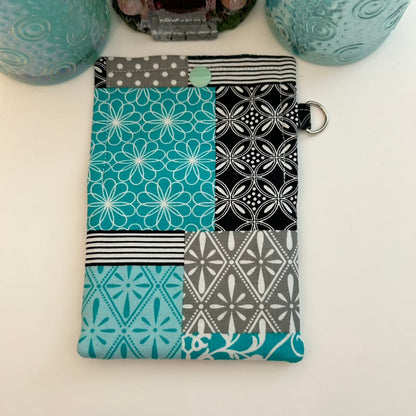 Teal and black block print card case