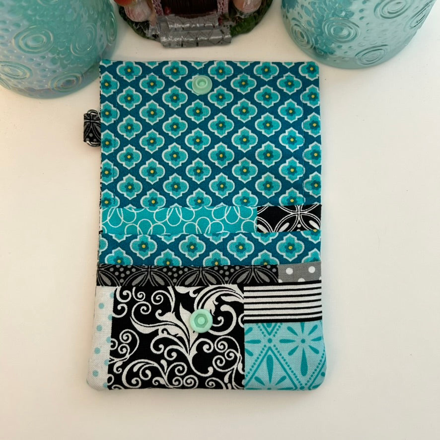Teal and black block print card case