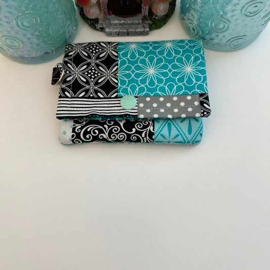 Teal and black block print card case